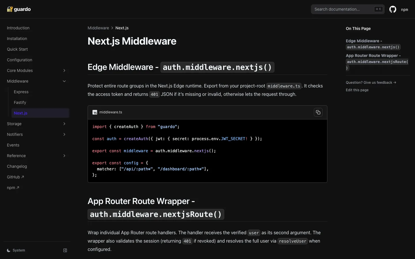 Guardo Next.js middleware documentation page