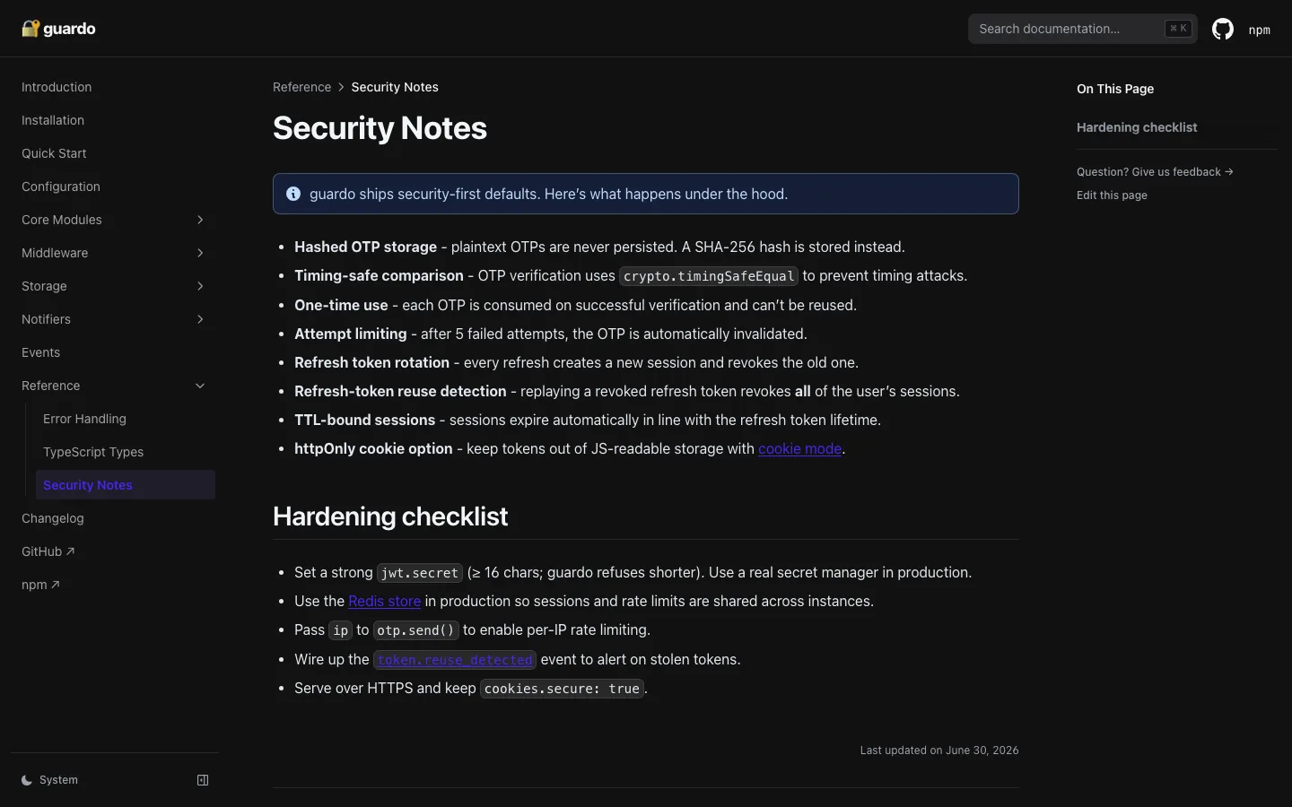 Guardo security notes documentation page listing hashed OTP storage, timing-safe comparison, token rotation and reuse detection