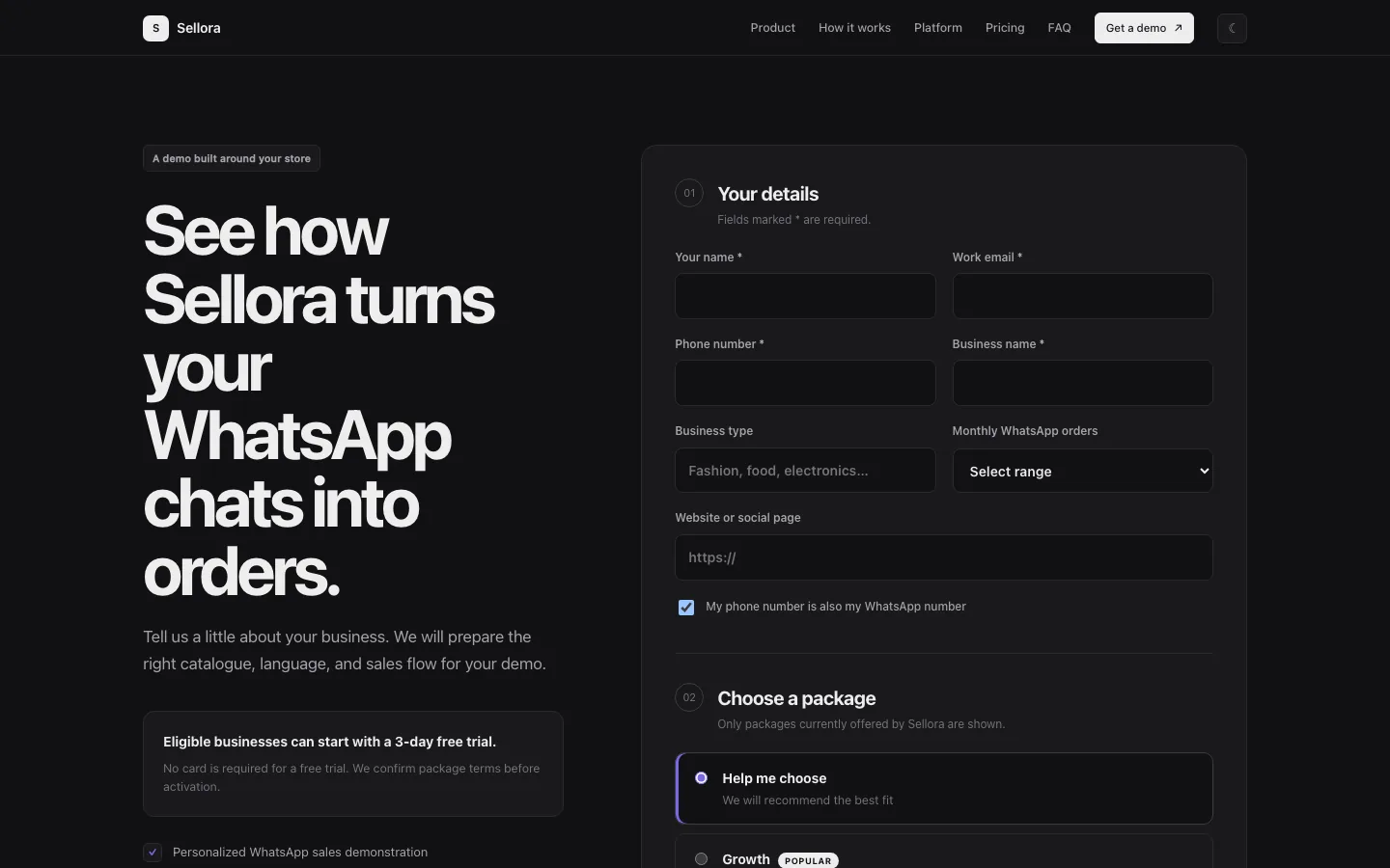 Sellora demo request page with a business details form and package selection