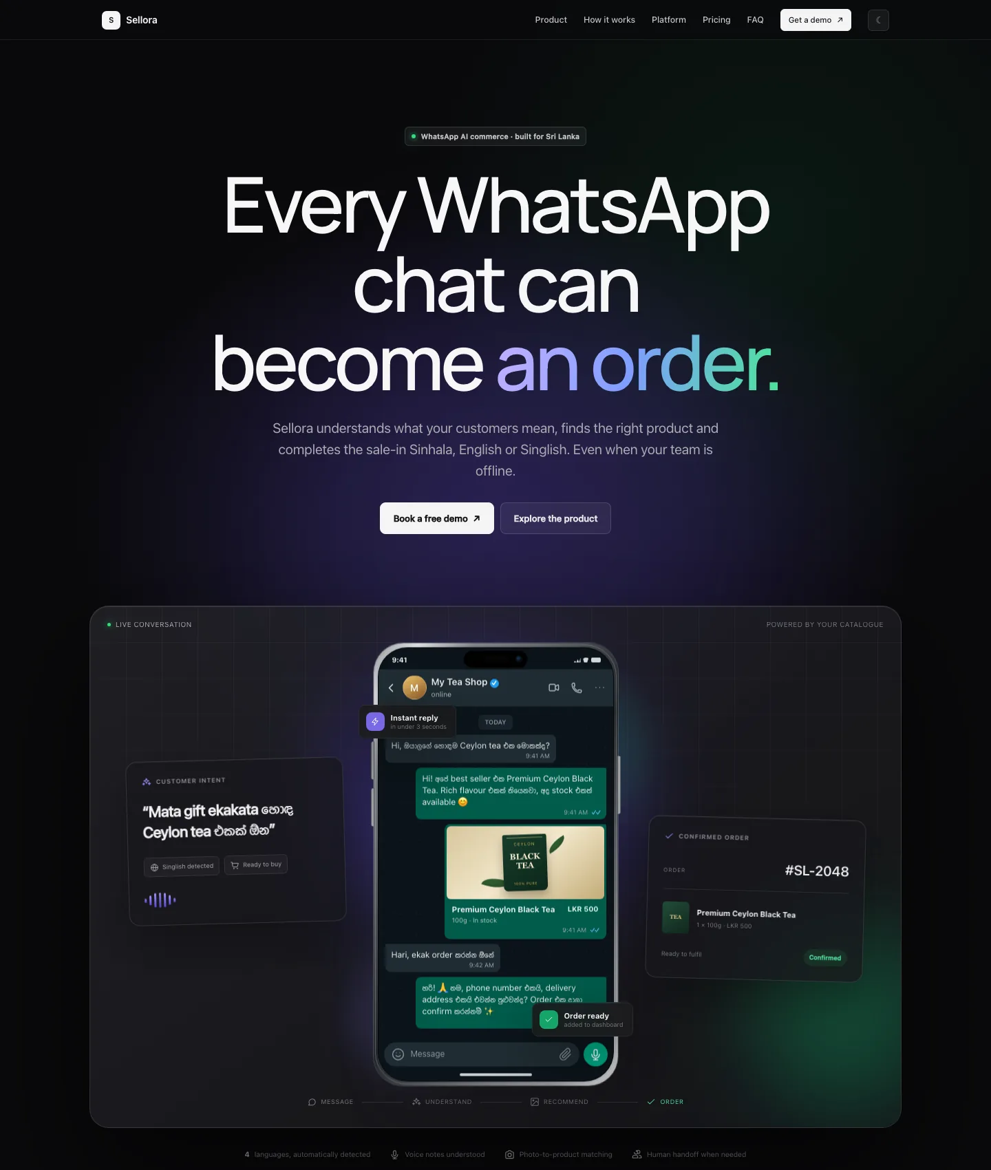 Sellora marketing site hero showing a live WhatsApp conversation being turned into a confirmed order
