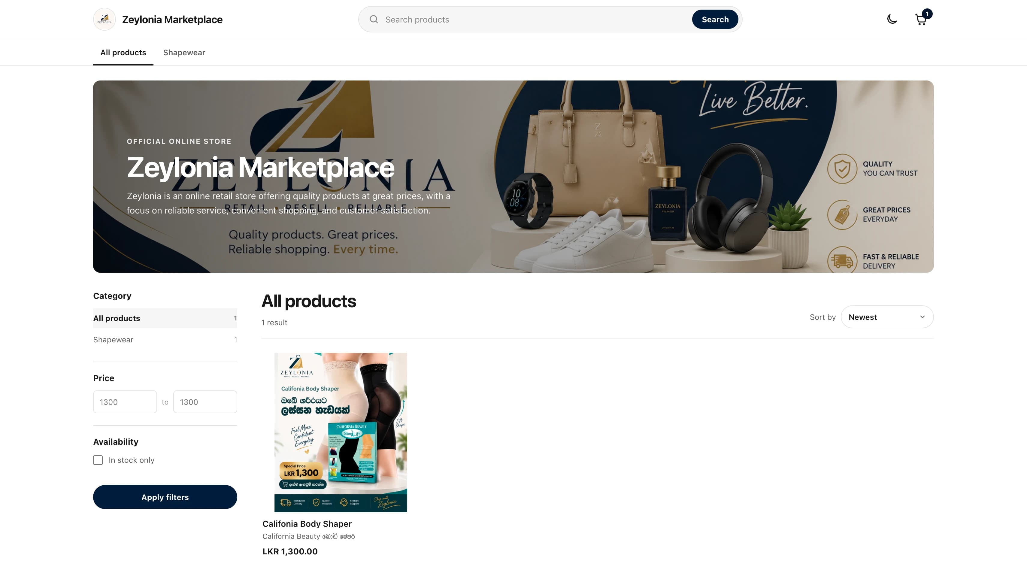 Zeylonia Marketplace storefront powered by Sellora, with product search, category filters and a shopping cart
