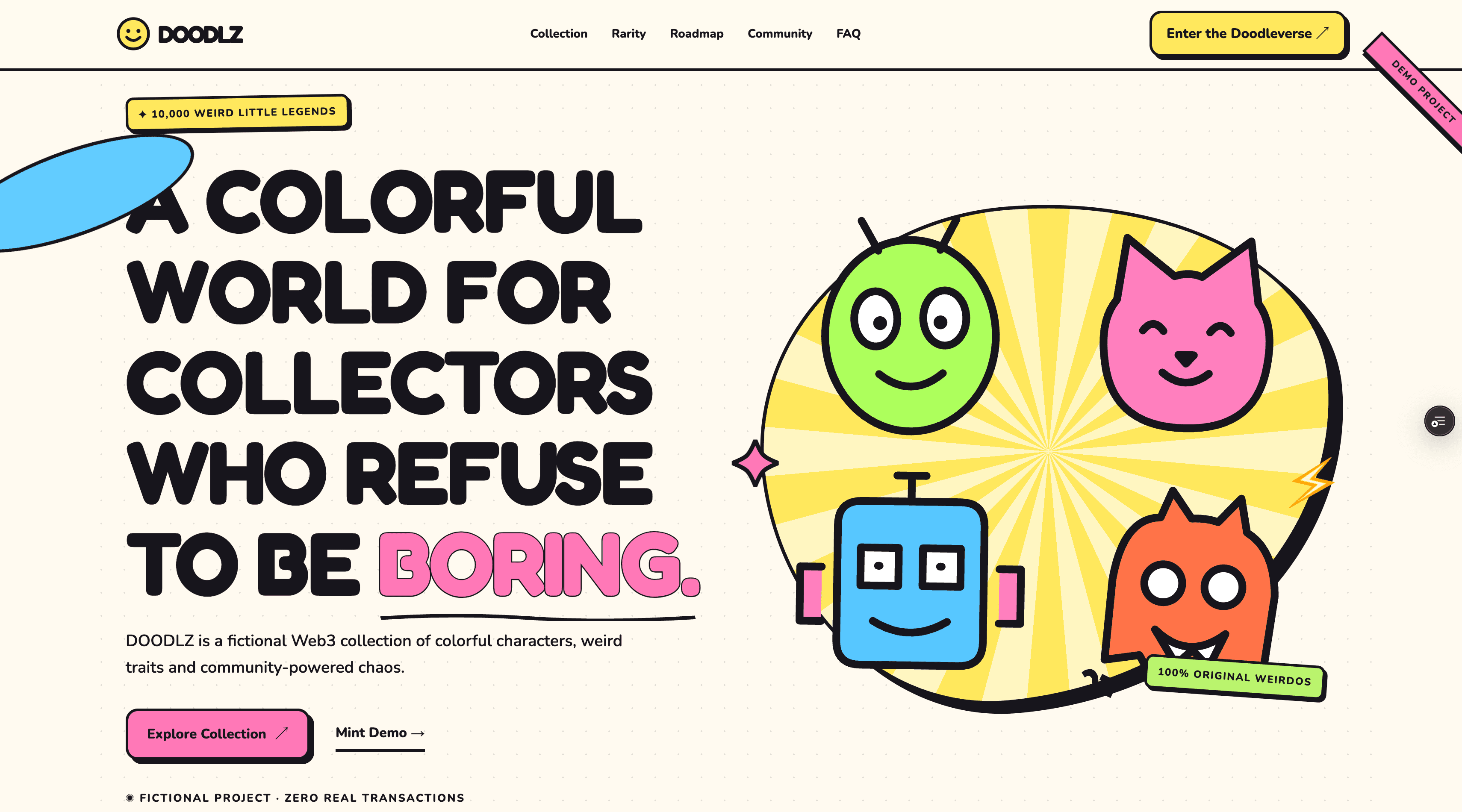 DOODLZ colorful Web3 token website with original illustrated characters